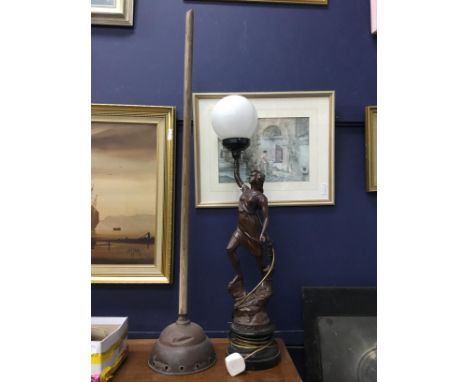 MID 20TH CENTURY BRONZED LAMP, modelled as a female holding aloft the opaque glass shade, 82cm high, along with a Simplex cop