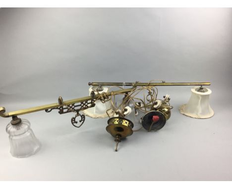TWO BRASS AND GLASS LIGHT FITTINGS