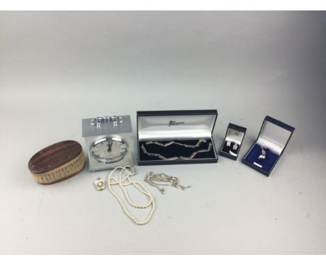 LOT OF COSTUME AND SILVER JEWELLERY, including Nielson service badges, Mackintosh style examples, also a mantel clock and cas