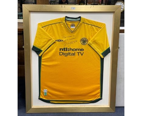 FRAMED CELTIC FOOTBALL CLUB REPLICA JERSEY, with inscription 'Best Wishes...' bearing a signature, framed, 100cm x 86cm overa