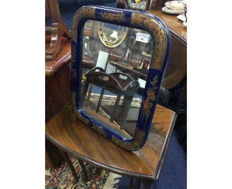 EARLY 20TH CENTURY DRESSING MIRROR, the rectangular glass in a chinoiserie gilt and blue lacquered frame, 47cm high