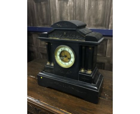VICTORIAN BLACK SLATE MANTEL CLOCK, 36cm wide, along with a smaller mantel clock (2)