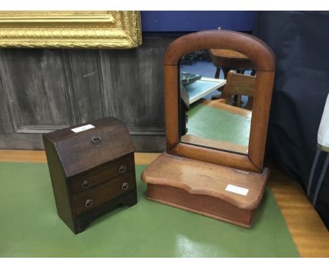 MAHOGANY MINIATURE BUREAU, 18cm high and a Victorian hanging dressing mirror (2)
