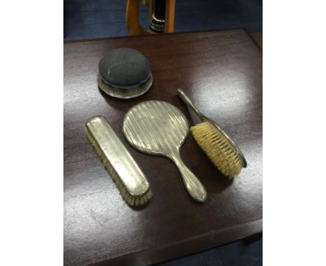 SILVER HAND MIRROR, along with two brushes, a silver circular jewellery box, mauchline box, cutlery and other objects