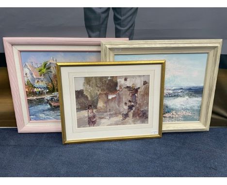 PRINT AFTER WILLIAM RUSSEL FLINT, mounted, framed and under glass, 44cm x 55cm overall size, along with two oil paintings (3)