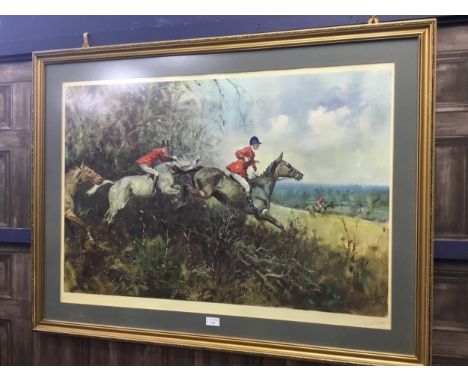 BRITISH SCHOOL, HUNTING SCENE print on paper, signed indistinctly, mounted, framed and under glass, 84cm x 111cm