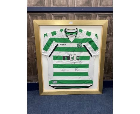 CELTIC FOOTBALL CLUB REPLICA JERSEY, bearing signatures, framed, 98cm x 87cm overall