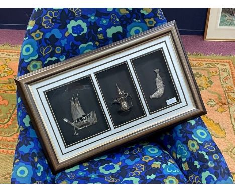 FRAMED GROUP OF SILVER DHOW, EWER AND DAGGER, 64cm x 40cm overall