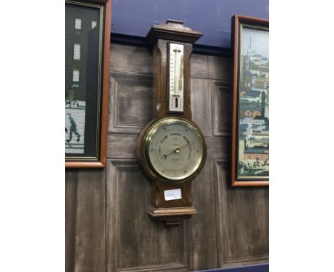 MAHOGANY BAROMETER, along with a wall mirror and four framed tapestry panels (6)