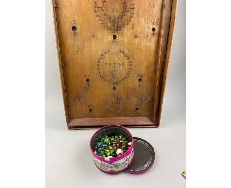 BAGATELLE BOARD, along with a collection of marbles