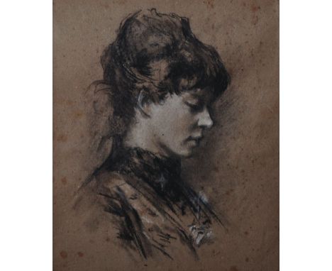19th Century French School. Bust Portrait of a Young Girl, Dressed in Black, Crayon, Unframed, 8” x 7”. 