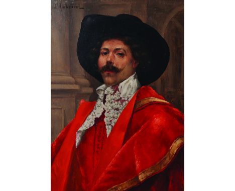 Alfred D’Ambrossi (19th – 20th Century) Italian. Portrait of a Man dressed in a Red Costume, Oil on Panel, Signed, 13” x 9.5”