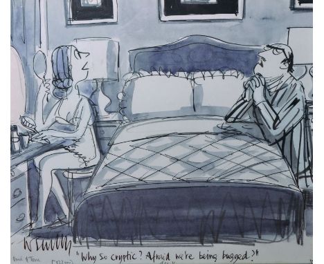Francis ‘Smilby’ Wilford-Smith (1927-2009) British. “Why so cryptic? Afraid we’re being bugged?”, Coloured Print, 12” x 14”, 