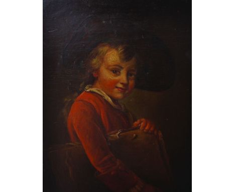19th Century French School. Portrait of a Young Boy Holding a Folio, Oil on Panel, Unframed, 12.5” x 10”. 
