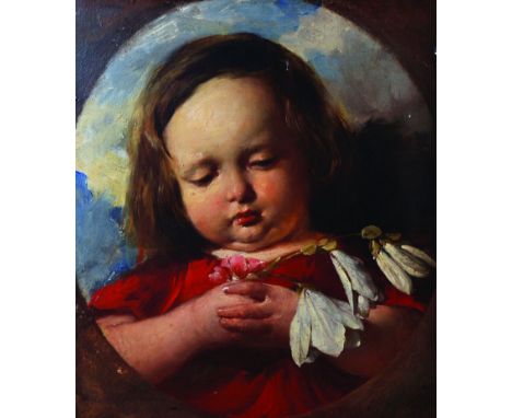 William Etty (1787-1849) British. Bust Portrait of a Girl Dressed in Red, Holding Flowers, Oil on Panel, Painted Oval, 13” x 