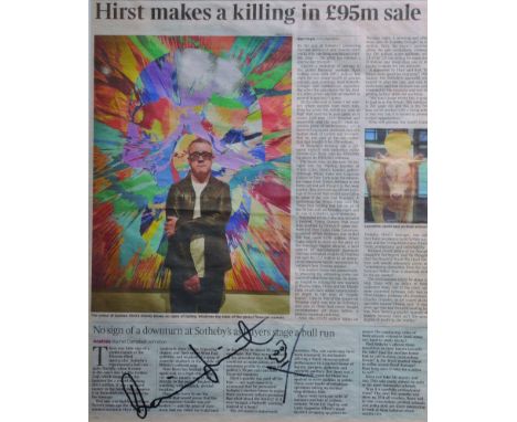 Damien Hirst (1965- ) British. “Hirst makes a Killing in £95m sale”, Print, Signed and Inscribed with a Face in Ink, overall 