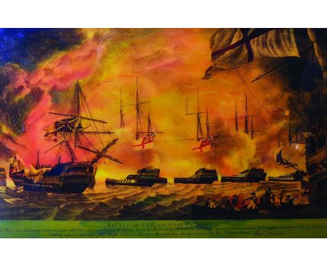 After Robert Dodd (1748-1816) British. ‘Battle of the Nile, the Attack at Sunset, Print stuck to Glass, 17.5” x 25.5”, and th