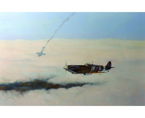 R… Dare (20th Century) British. A Spitfire in Flight, Oil on Canvas, Signed and Dated ’89, 20” x 30”. 