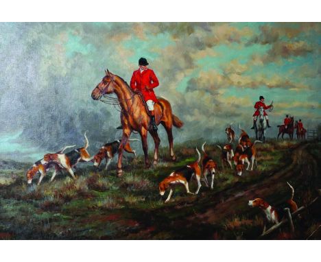 20th Century Continental School. A Hunting Scene, with Horses and Dogs on a Track, Oil on Canvas, Indistinctly Signed, Unfram