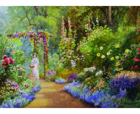 Arthur Stanley Wilkinson (c.1860-1930) British. ‘The Flower Garden’, with A Lady in the distance, Watercolour, Signed, 10.25”