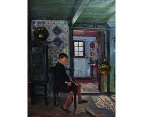 Robert Panitzsch (1879-1949) Danish. Interior with a Young Boy cutting a stick, Oil on Canvas, Signed and Dated 1919, 32” x 2