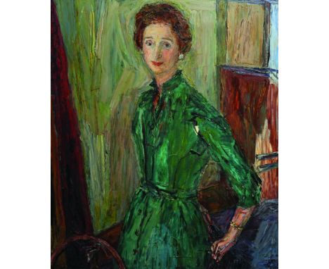 Marian Bohusz-Szyszko (1901-1995) Russian. Portrait of Mrs C Epril, Standing in a Green Dress, Oil on Canvas, Signed with Ini