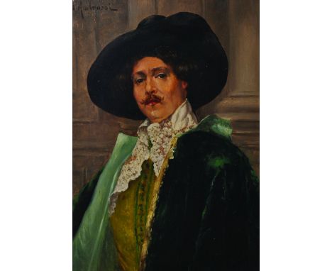 Alfred D’Ambrossi (19th – 20th Century) Italian. Portrait of a Man dressed in a Green Costume, Oil on Panel, Signed, 13” x 9.