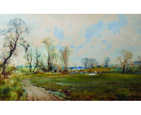 Arthur Willett (1857-1918) British. A River Landscape with Hunting in the Distance, Watercolour, Signed, 10.25” x 16.25”, and