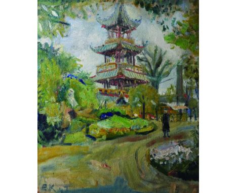 E… K… (20th Century) European. A Pagoda in a Garden, Oil on Canvas, Signed with Initials and Dated ’47, Unframed, 31” x 27.5”