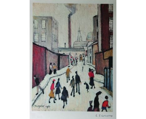 Lawrence Stephen Lowry (1887-1976) British. A Street Scene with Figures, a Smoking Chimney Beyond, Print, Signed in Pencil, o