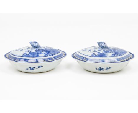 A pair of vegetable dishesChinese export porcelain Blue and white decoration with pagodas and river views Qianlong reign (173