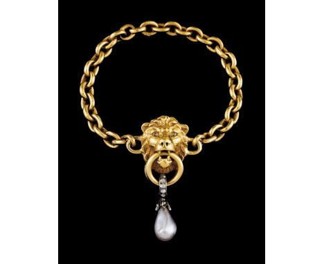 A braceletGold and silver Ring chain of applied double classical mask holding loop of drop pearl and loop set with small rose