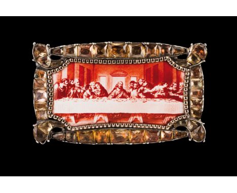 A broochSilver and gold, 19th/20th century Enamel plaque depicting The Last Supper, framed by lined colourless quartz's Later