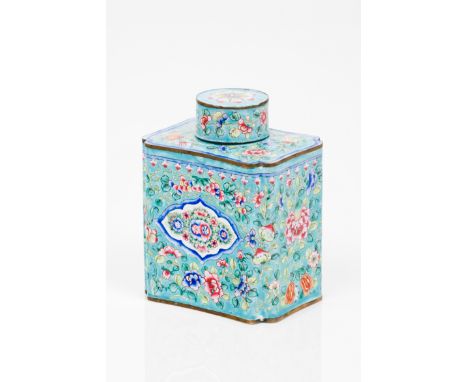 A tea caddyPolychrome enamel on yellow metal Floral decoration on blue ground China, Qing dynasty, 19th century (restoration)