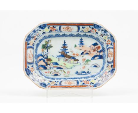 A small octagonal trayChinese export porcelain Blue underglaze decoration of polychrome enamels depicting a river scene and p