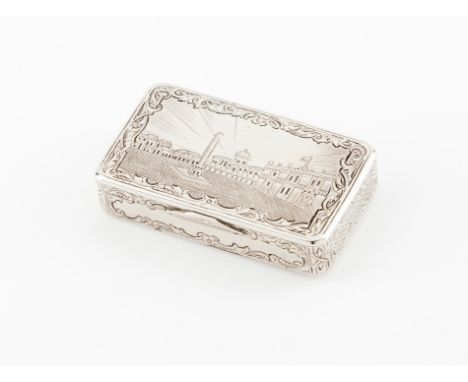 A snuff boxRussian silver, 19th century Rectangular shaped of engraved and guilloche decoration with city view to cover Mosco