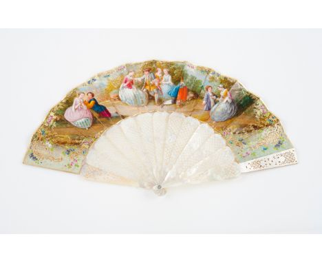 A handheld fanPainted paper leaf with courting scenes Mother-of-pearl sticks and guards 19th century (restoration, faults and