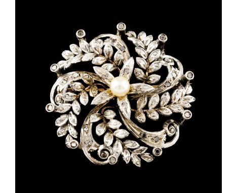A broochSilver and gold Rose shaped set with one pearl and various small rose cut diamonds Portugal, ca. 1950 Maker's mark on