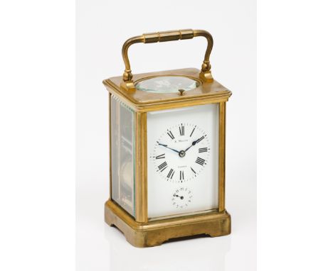A carriage clock with caseYellow metal White enamel dial of Roman numbering Marked "H.Maury / Lisboa" Leather case Portugal, 