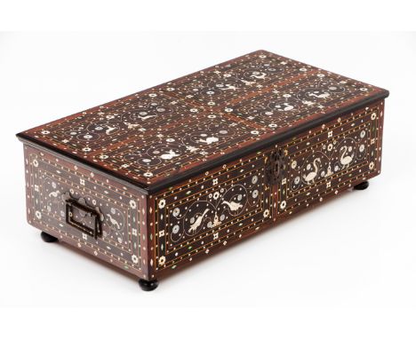 A boxTeak and sissoo Bone, mother-of-pearl, ebony and other timbers inlaid decoration India, 19th century (minor faults and r