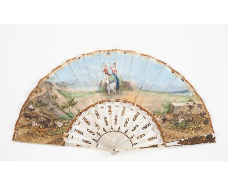 A fanMother of pearl sticks and guards with painted parchment leaf (minor defects)26,5x49,5 cm