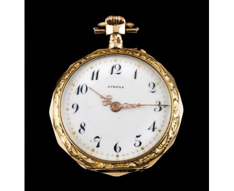 An Athena lapel watch18 K gold Faceted case of chiselled bezel, white face and Arabic numbering Back set with two antique bri
