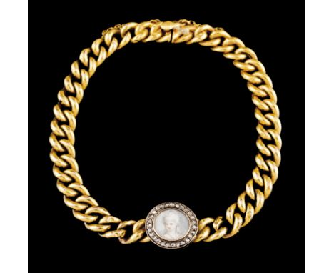 A braceletGold Hollow links chain mesh with applied miniature lady's portrait framed by frieze set with small rose cut diamon