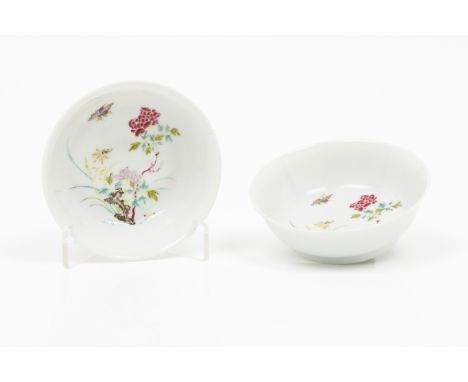 A pair of small bowlsChinese porcelain Polychrome "Famille Rose" enamelled decoration of flowers and birds Yongzheng marks to