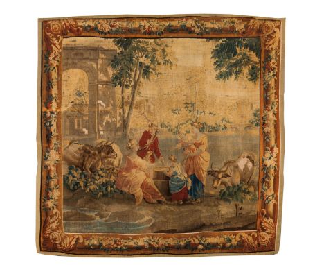 An Aubusson tapestryDepicting pastoral scene Polychrome wool Foliage decoration border France, 18th century (restoration and 