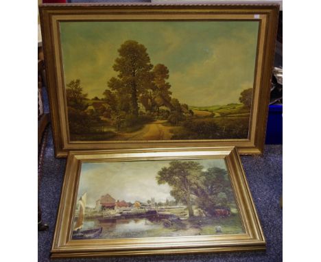 LE Forse, Cottage Scene, signed oleograph, 60cm x 90.5cm, framed; another after John Constable, Lock Scene, oleograph, 50cm x