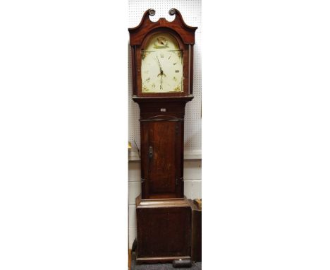 A George III oak longcase clock, 32.5cm arched painted dial, the case with swan neck pediment, glazed door outlined with barb