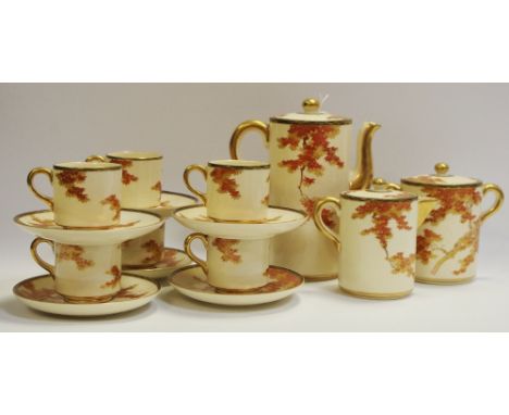 A Japanese Satsuma six-setting coffee set, painted with leafy trees in autumnal tones, gilt and black diaper bands, comprisin