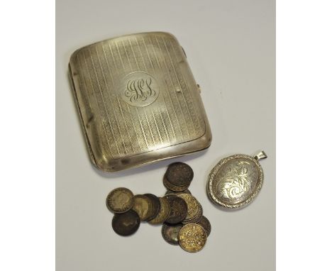 A silver engine turned cigarette case; an oval silver locket engraved and chased with leafy scrolls etc 