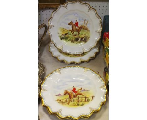 A set of six Royal Crown Derby wavy edged hunting plates 